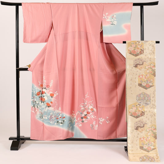 Japanese kimono  (Houmongi) M-size 100% silk  /  sash belt (Hukuro-obi)/ 2-piece set / 340